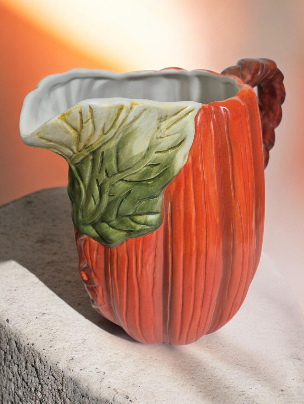 Decorative Vintage Ceramic Orange Pumpkin Pitcher with Leaf Accent